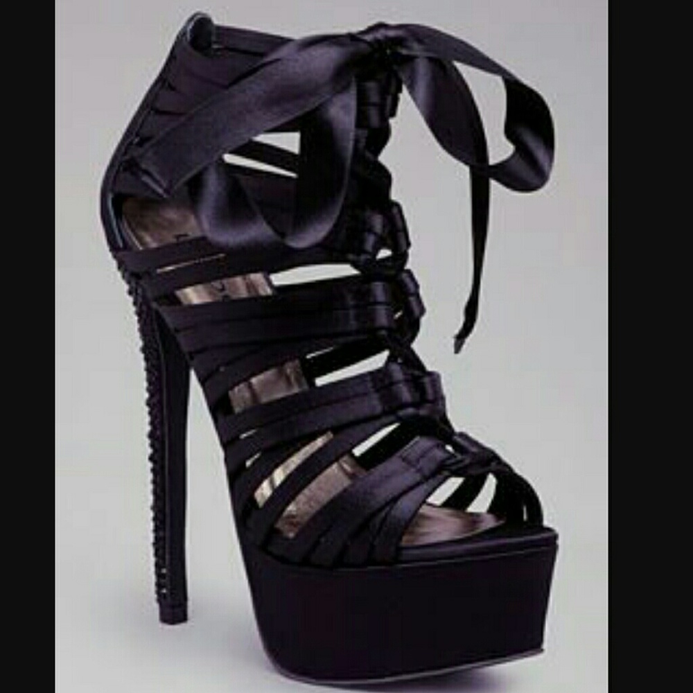 bebe Satin Lace Up Heels w/ Rhinestone Stiletto