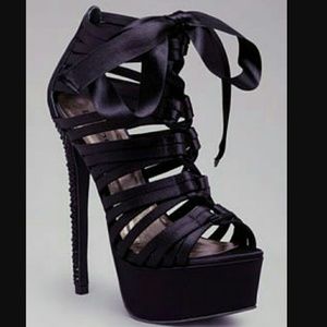 bebe Satin Lace Up Heels w/ Rhinestone Stiletto