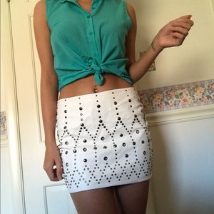 White faux leather studded mini skirt