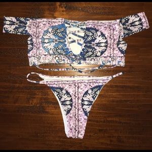 Floral Lace-Up Off the Shoulder Bikini Set