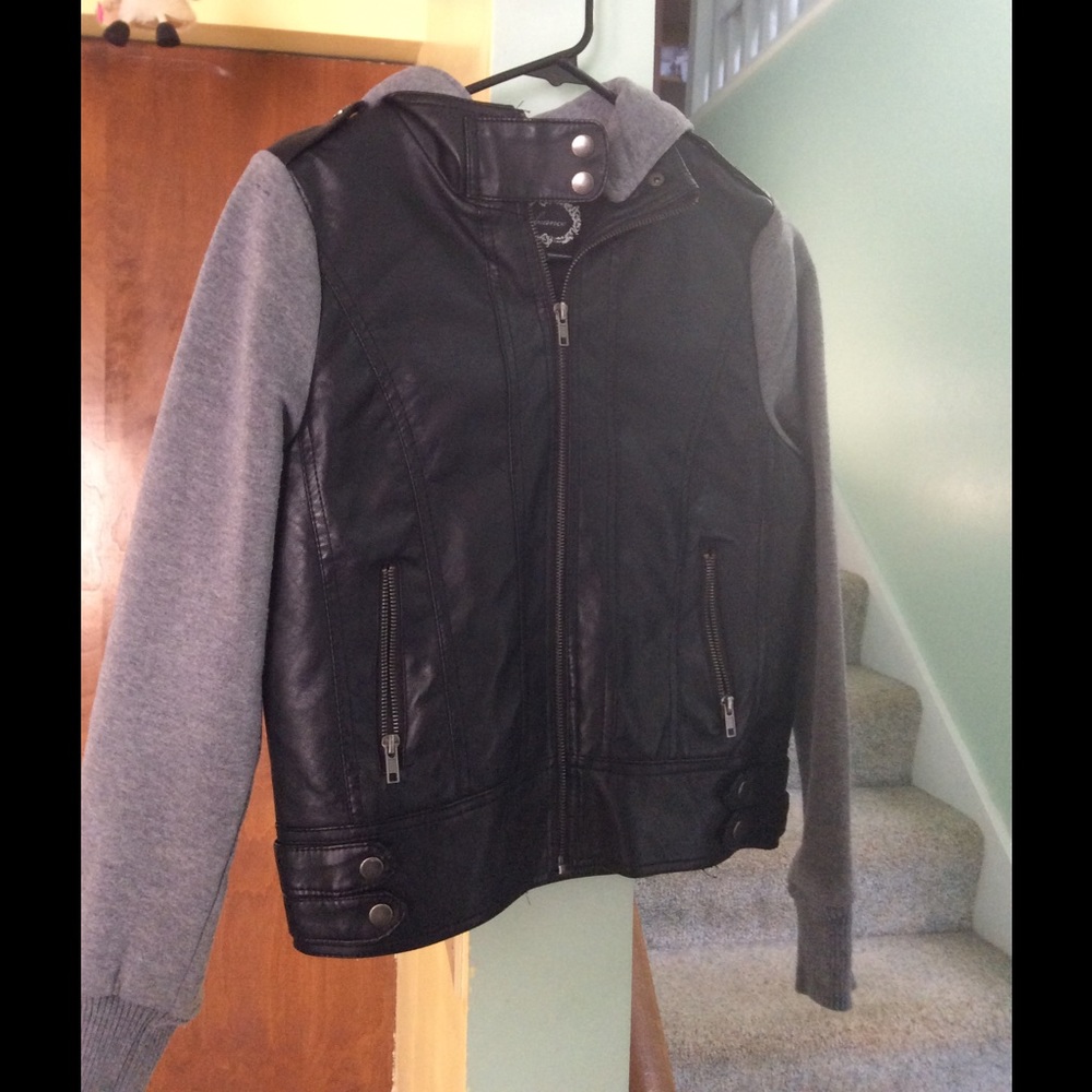 Leather jacket with hood