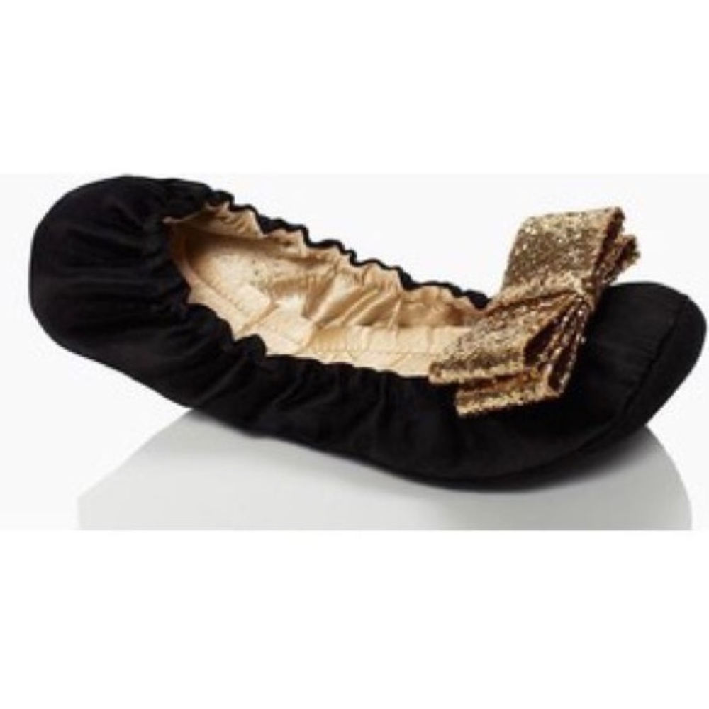KATE SPADE black satin flats gold glitter bow