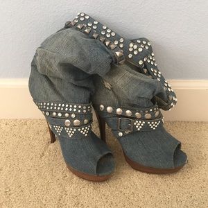 Rhinestone and studded jean heeled boots