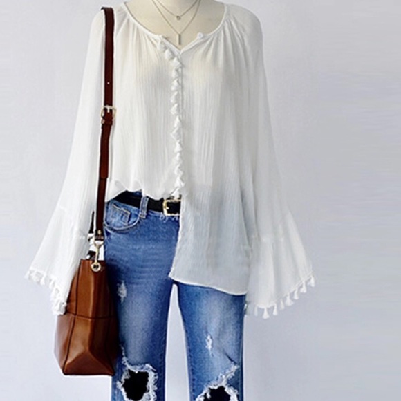 🚛 NWT Casual Loose Flare Sleeve Tassel Blouse - Picture 3 of 6