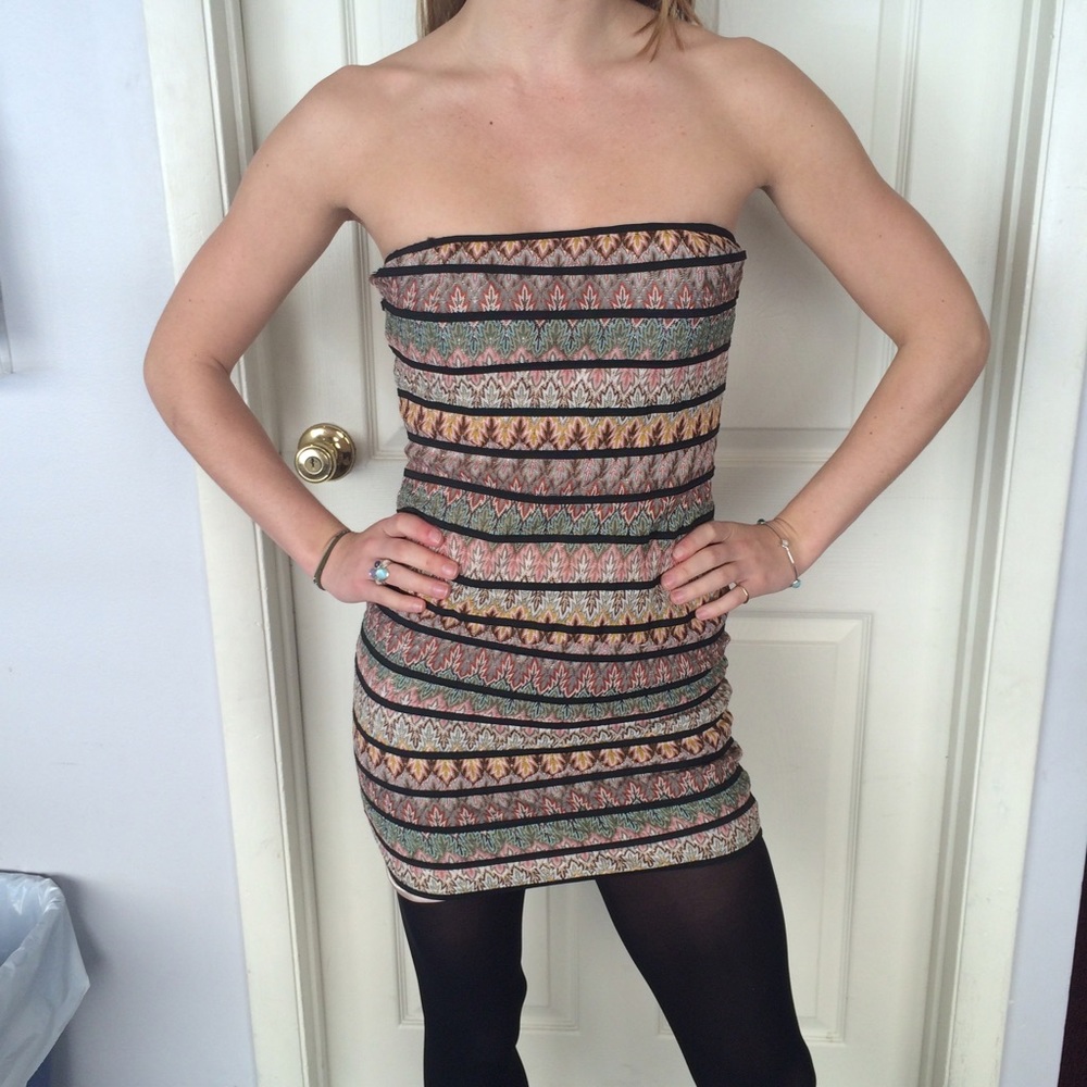 Strapless tribal print bandage club dress.