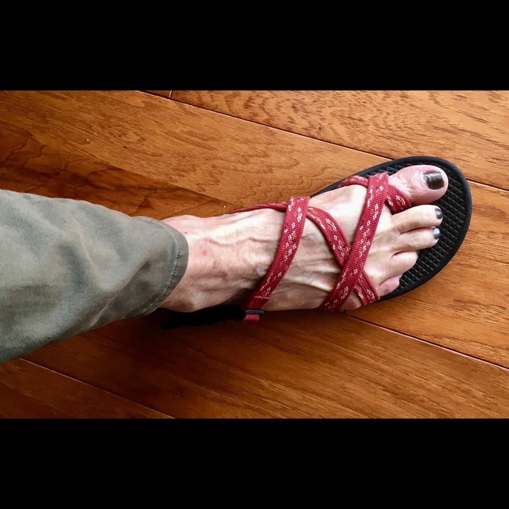 Chaco sandals. Rose-colored fabric straps.