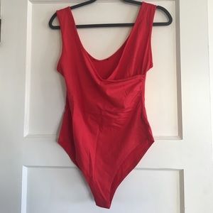 Red surplice body suit v neck low cut