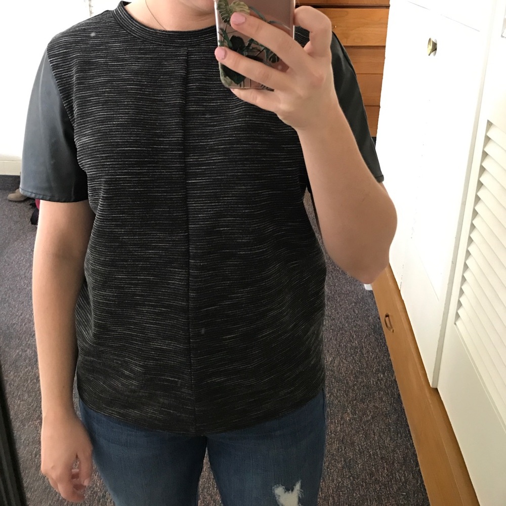 LOFT black top with faux leather sleeves