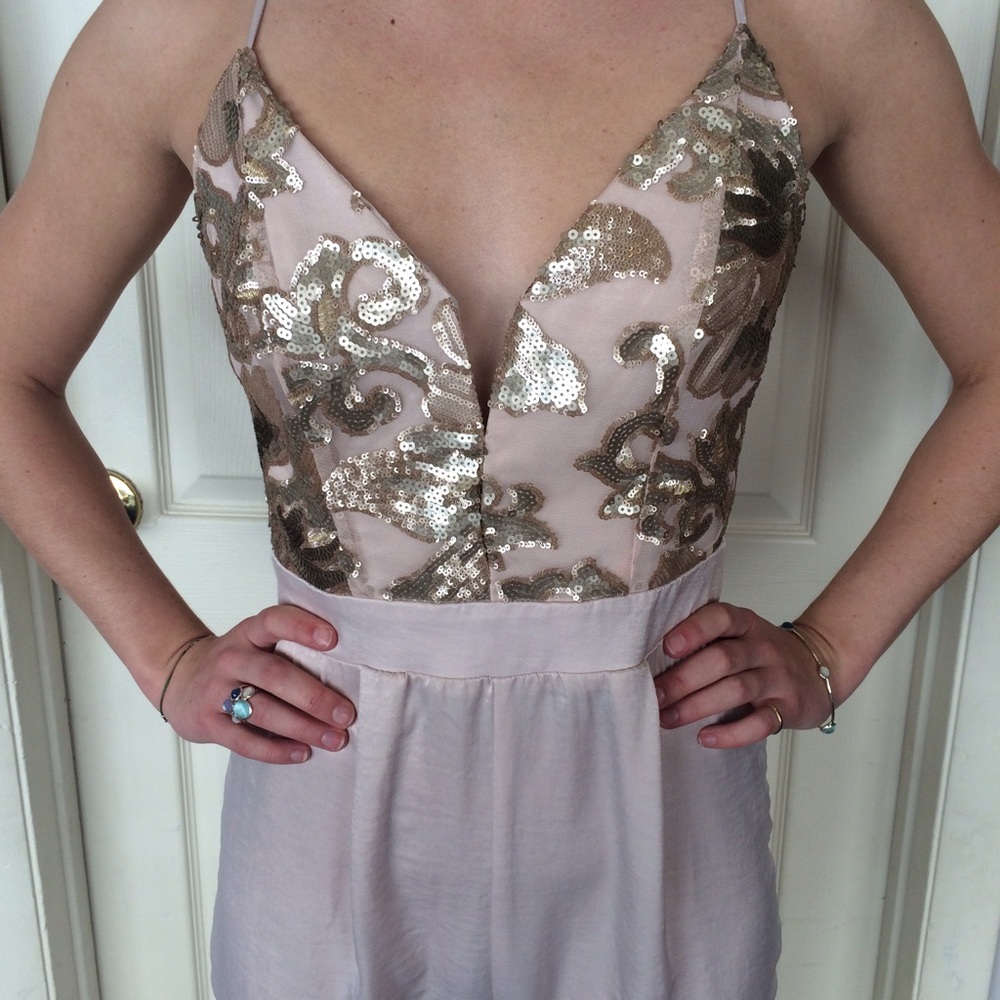 NWOT. Pink sequin silky jumpsuit.
