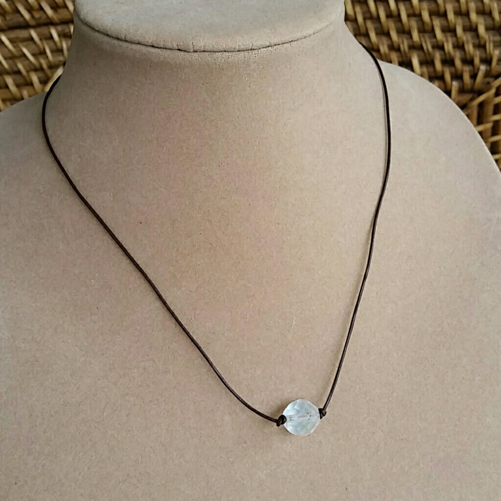 Dark Leather Necklace with Faceted Crystal Bead