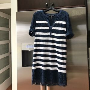 Bcbg Lace Blue and White Striped Vneck Dress