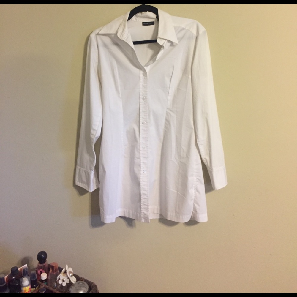 Long white button down. Women's dress shirt.