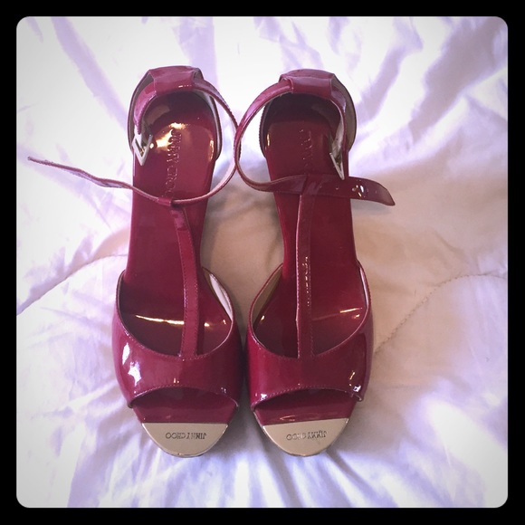 Jimmy Choo T strap Wedge Ruby Red - Picture 1 of 4