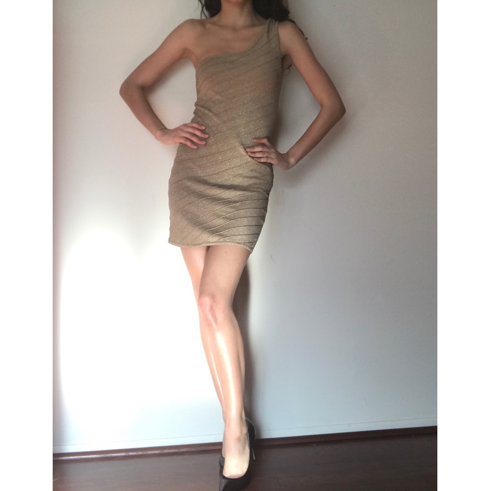 Bebe gold bodycon one shoulder dress
