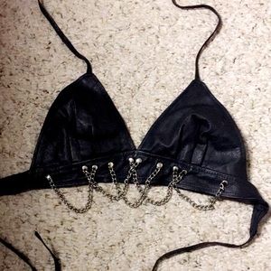 MAD CUTE REAL LEATHER BLACK BIKINI TOP WITH CHAINS