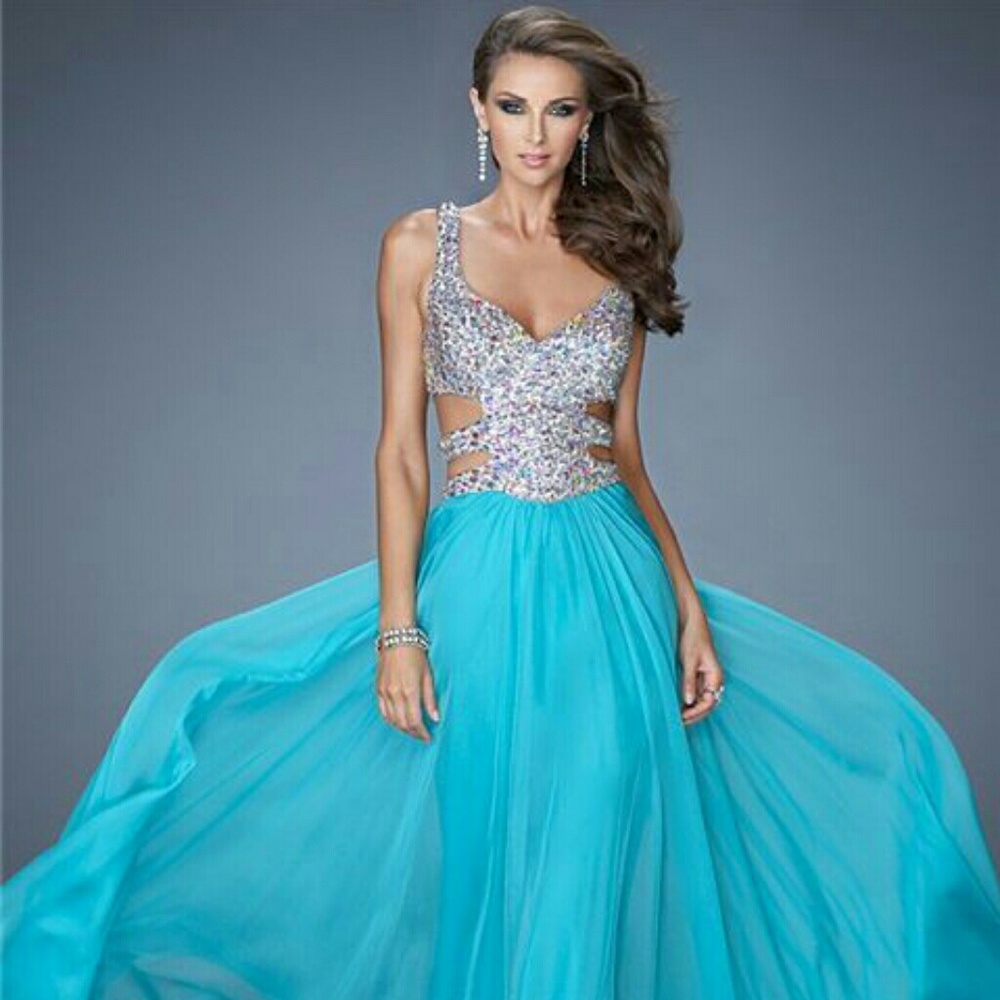 Teal Prom Dress with Sequins and cutouts