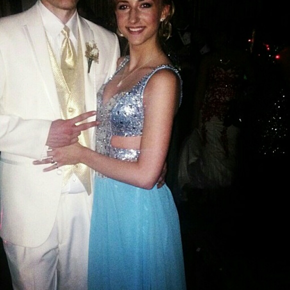 Teal Prom Dress with Sequins and cutouts - Picture 3 of 4
