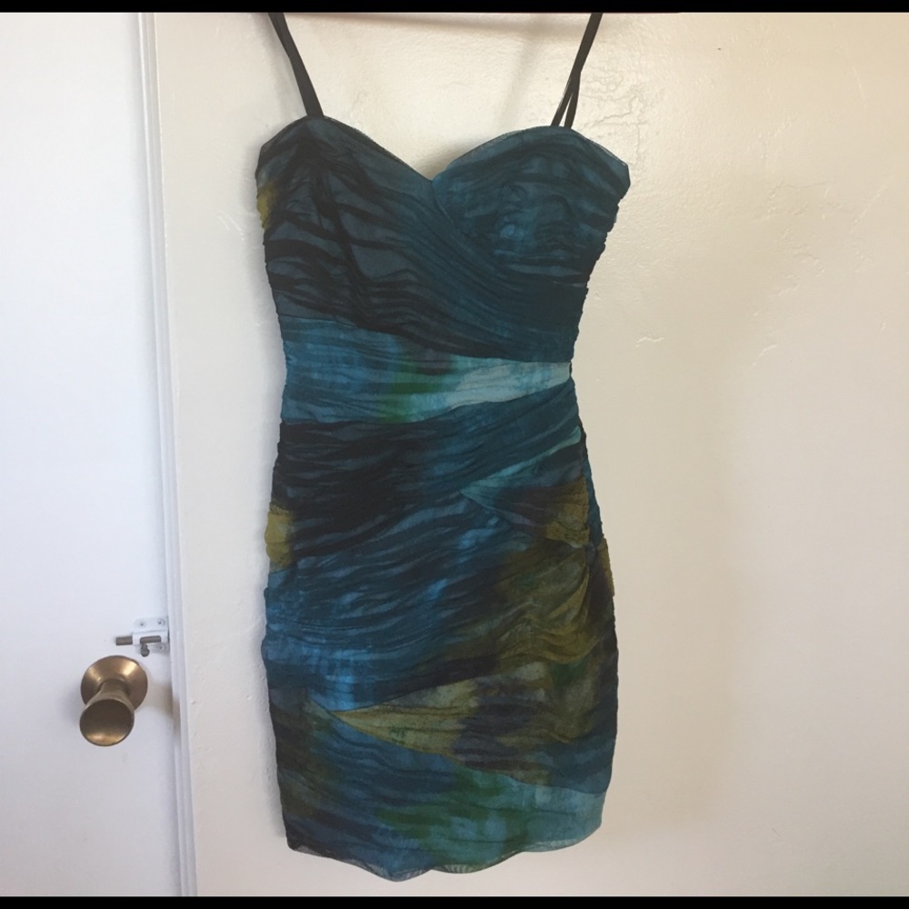 BCBG -Strapless Turquoise Multi color rushed dress
