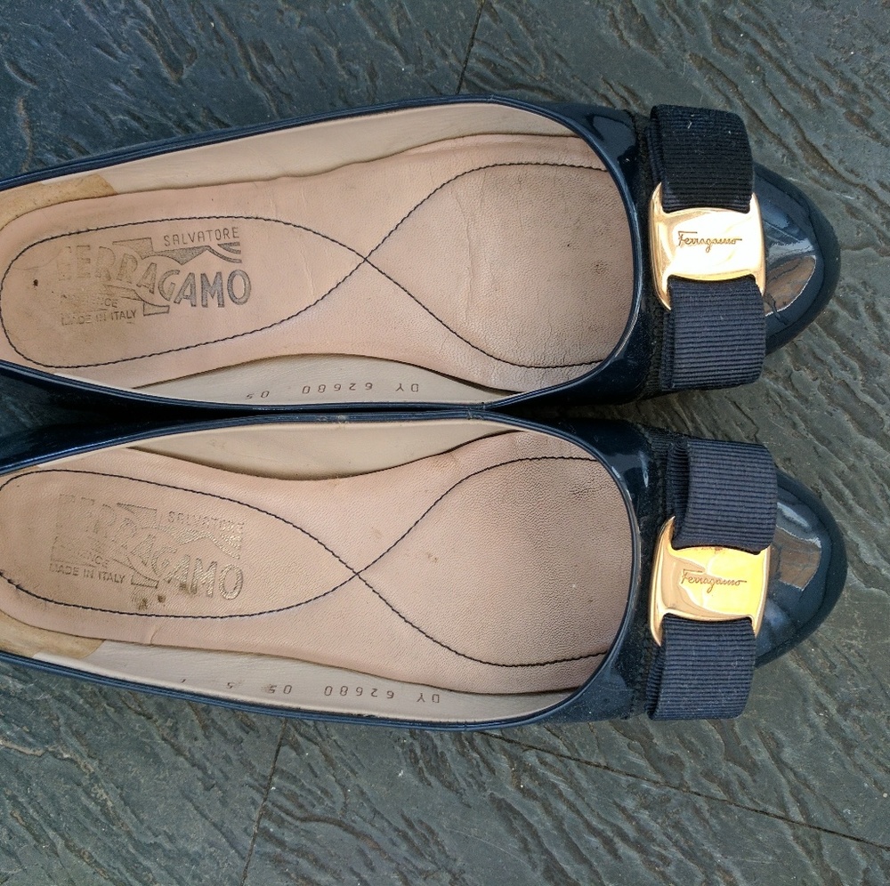 Salvatore Ferragamo Navy Blue Patent Leather Flats