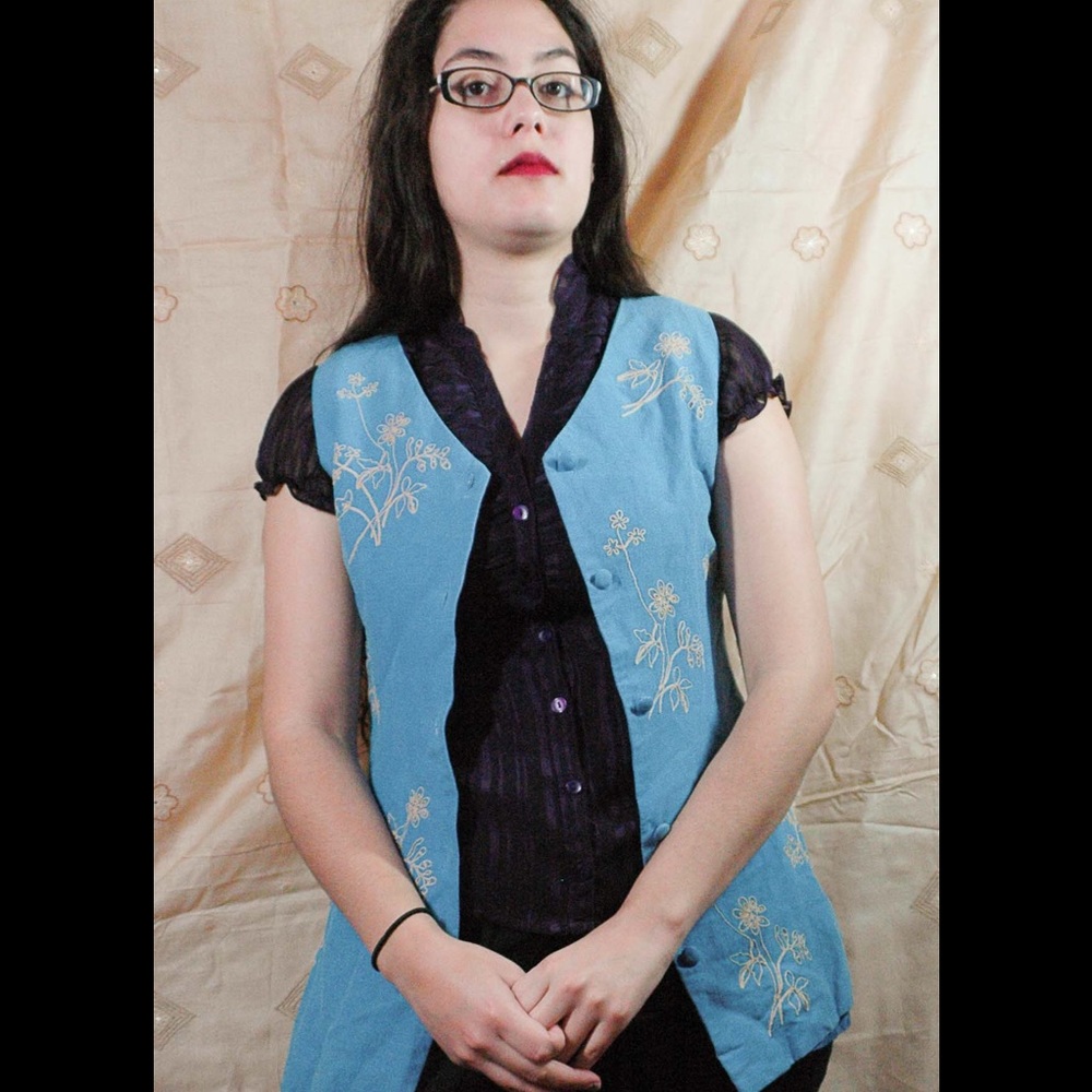 Beautiful blue & cream boho silk-linen vest