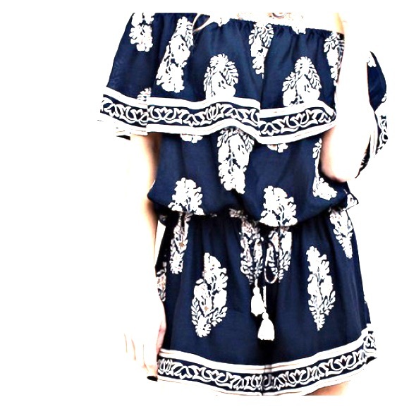 Off the Shoulder Romper with Tassel Waist Tie - Picture 5 of 8