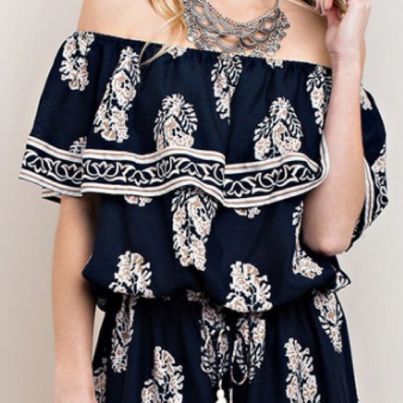 Off the Shoulder Romper with Tassel Waist Tie - Picture 6 of 8