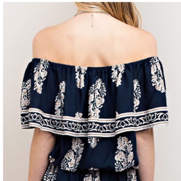 Off the Shoulder Romper with Tassel Waist Tie - Picture 7 of 8