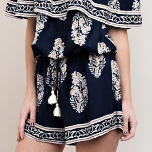 Off the Shoulder Romper with Tassel Waist Tie - Picture 8 of 8