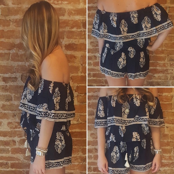Off the Shoulder Romper with Tassel Waist Tie - Picture 2 of 8