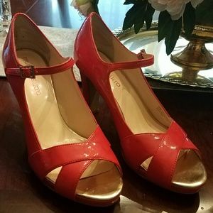 Coral open toe Mary Jane style heels