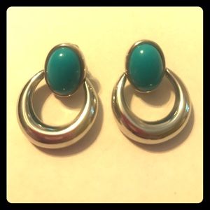 Semi hoop with teal Gem earrings