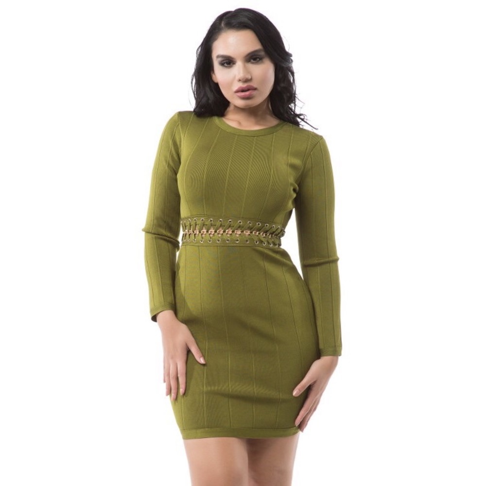 Long Sleeve Gold Chain Detail Bandage Dress #739