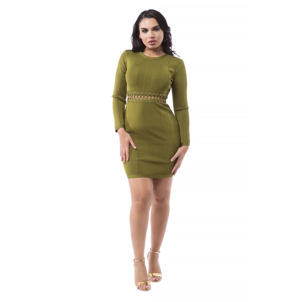Long Sleeve Gold Chain Detail Bandage Dress #739 - Picture 2 of 5