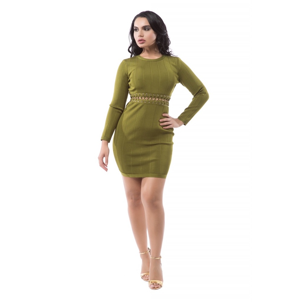 Long Sleeve Gold Chain Detail Bandage Dress #739 - Picture 3 of 5