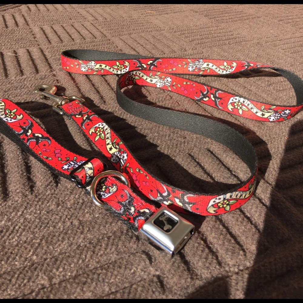 Lucky Dog collar and Leash! Red with fun Detail!