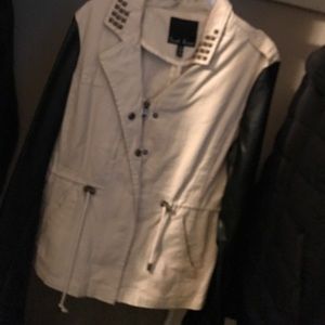 Cream utility jacket w leather sleeves