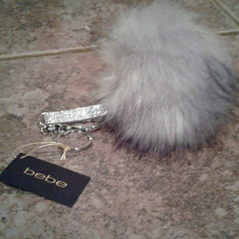 Bebe grey fuzzy rhinestone keychain