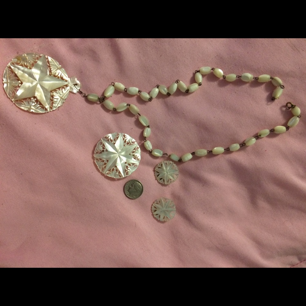 Heirloom MOP necklace brooch earrings