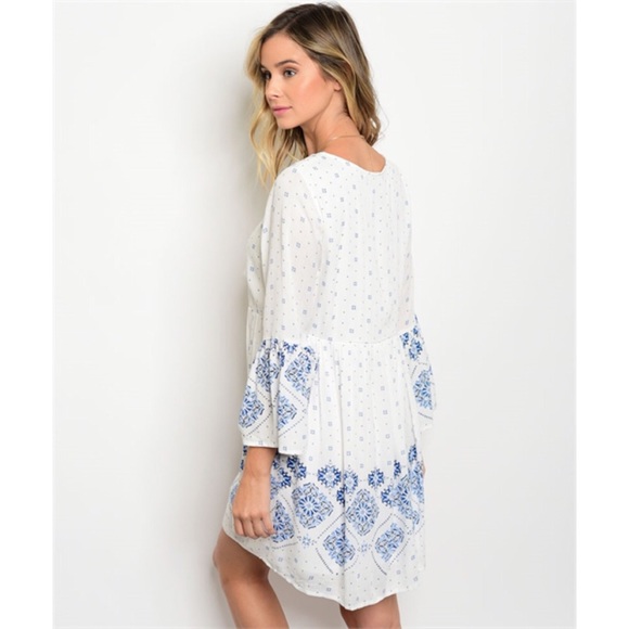 LAST❣️White Dress with Bell Sleeve & Blue Pattern - Picture 3 of 3