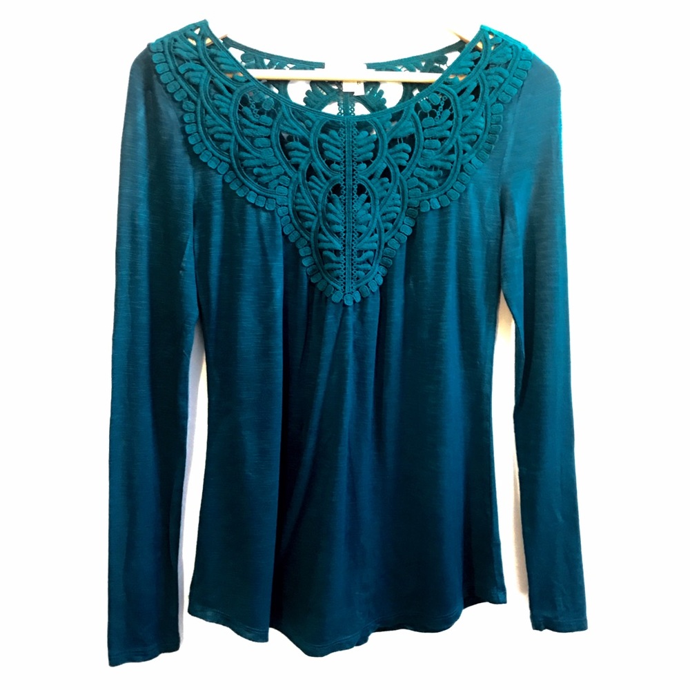 Anthropologie Turquoise Lace Collar Top XS