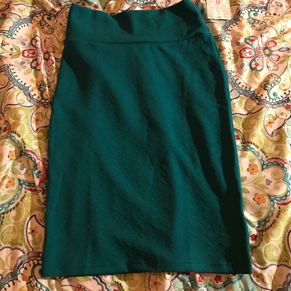 Teal LuLaRoe patterned pencil skirt.