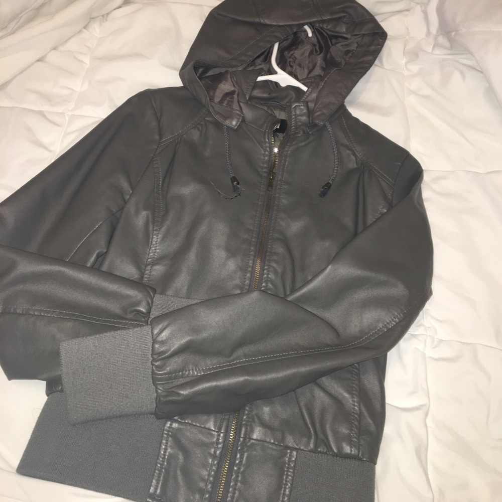 F21 hooded grey leather jacket
