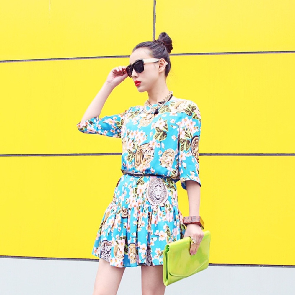 🆕 Spring Floral Blue Retro Chiffon Dress