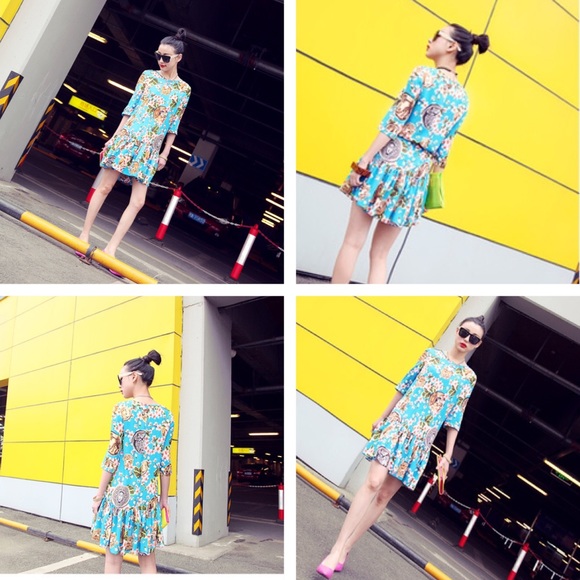 🆕 Spring Floral Blue Retro Chiffon Dress - Picture 2 of 8