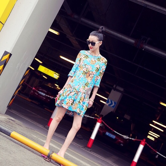 🆕 Spring Floral Blue Retro Chiffon Dress - Picture 3 of 8