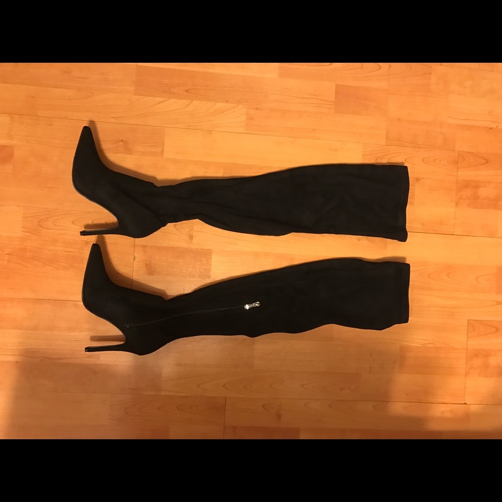 Suede thigh high heeled boots