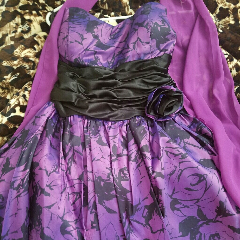 Purple and black flowery prom dress