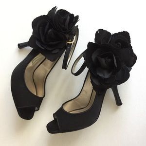 Nina - Adika black satin flower ankle strap heels