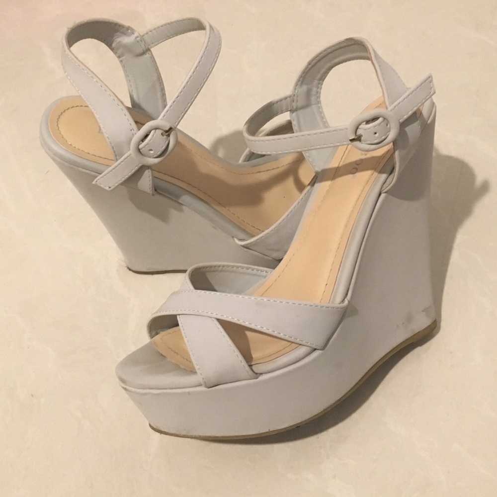 Off white/light grey ankle strap platform wedge