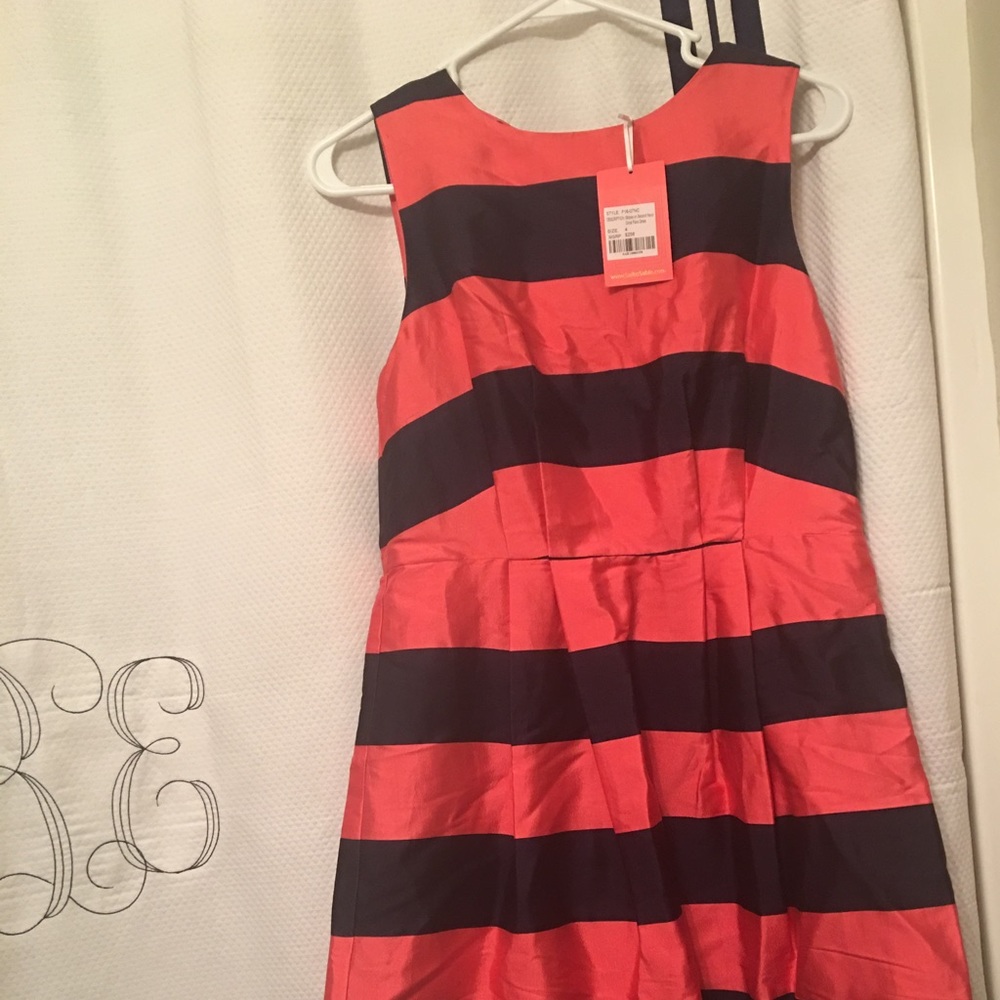 Stripes on second navy coral flare dress.